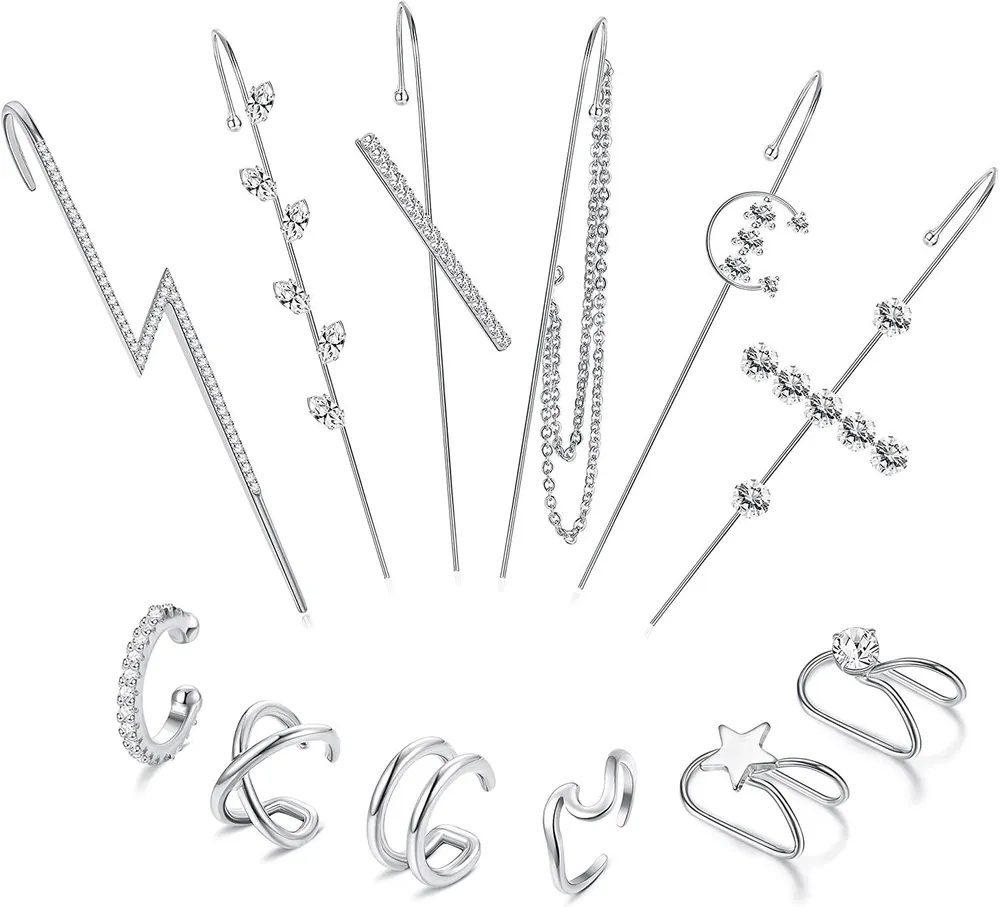 12Pcs Ear Wrap Crawler Hook Earrings Ear cuff Earrings for Women Cubic Zirconia Climber Piercing Ear Cartilage Clip On Earrings Unique Long Earrings - Grocery