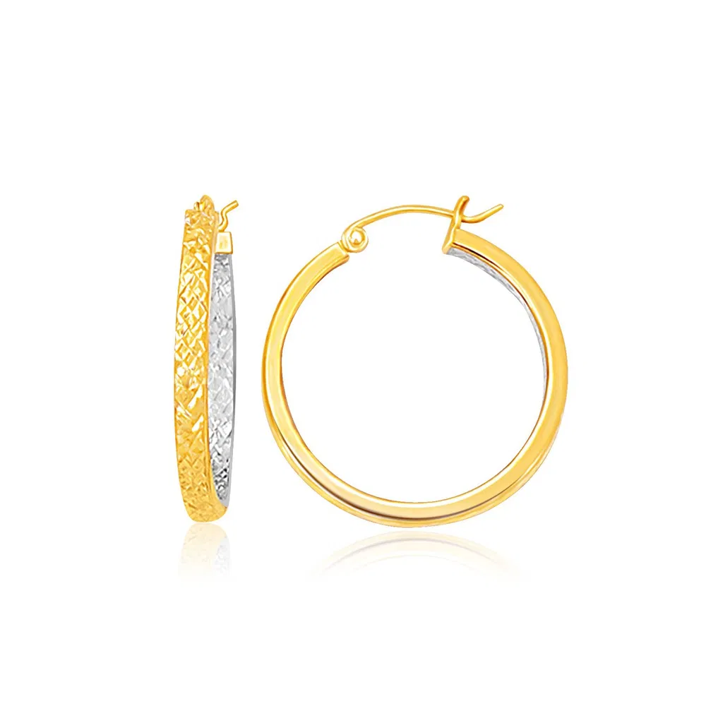 Two-Tone Yellow and White Gold Petite Patterned Hoop Earrings(3x25mm) - Grocery