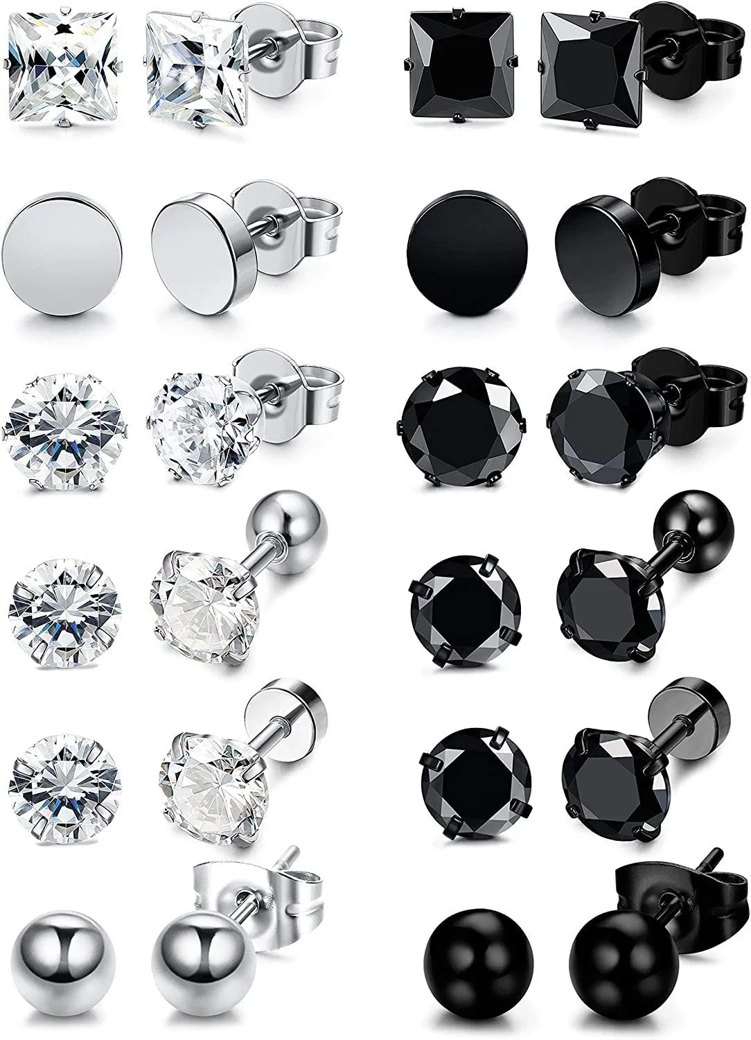 12 Pairs Stainless Steel Stud Earrings for Men Women Cool CZ Ear Piercing Earring Jewelry - Grocery