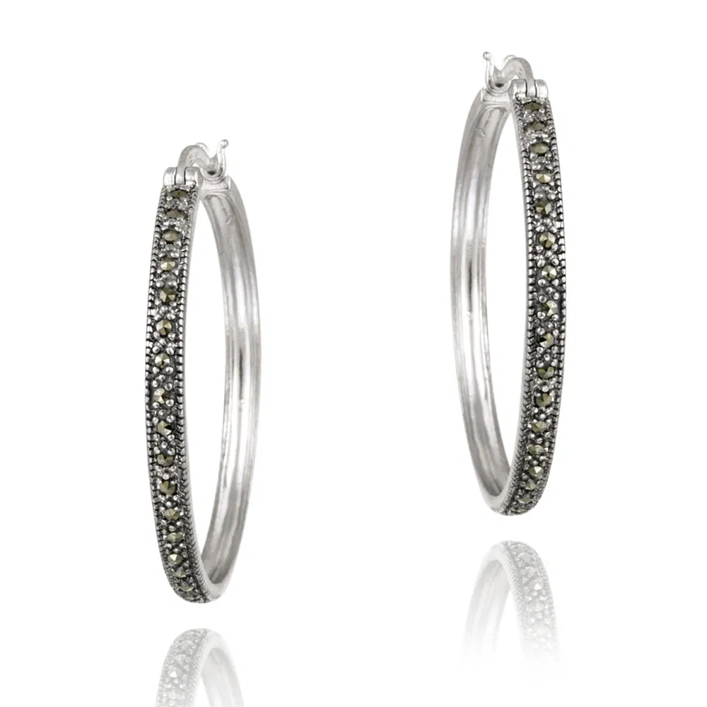 Sterling Silver Marcasite 30mm Hoop Earrings - Grocery