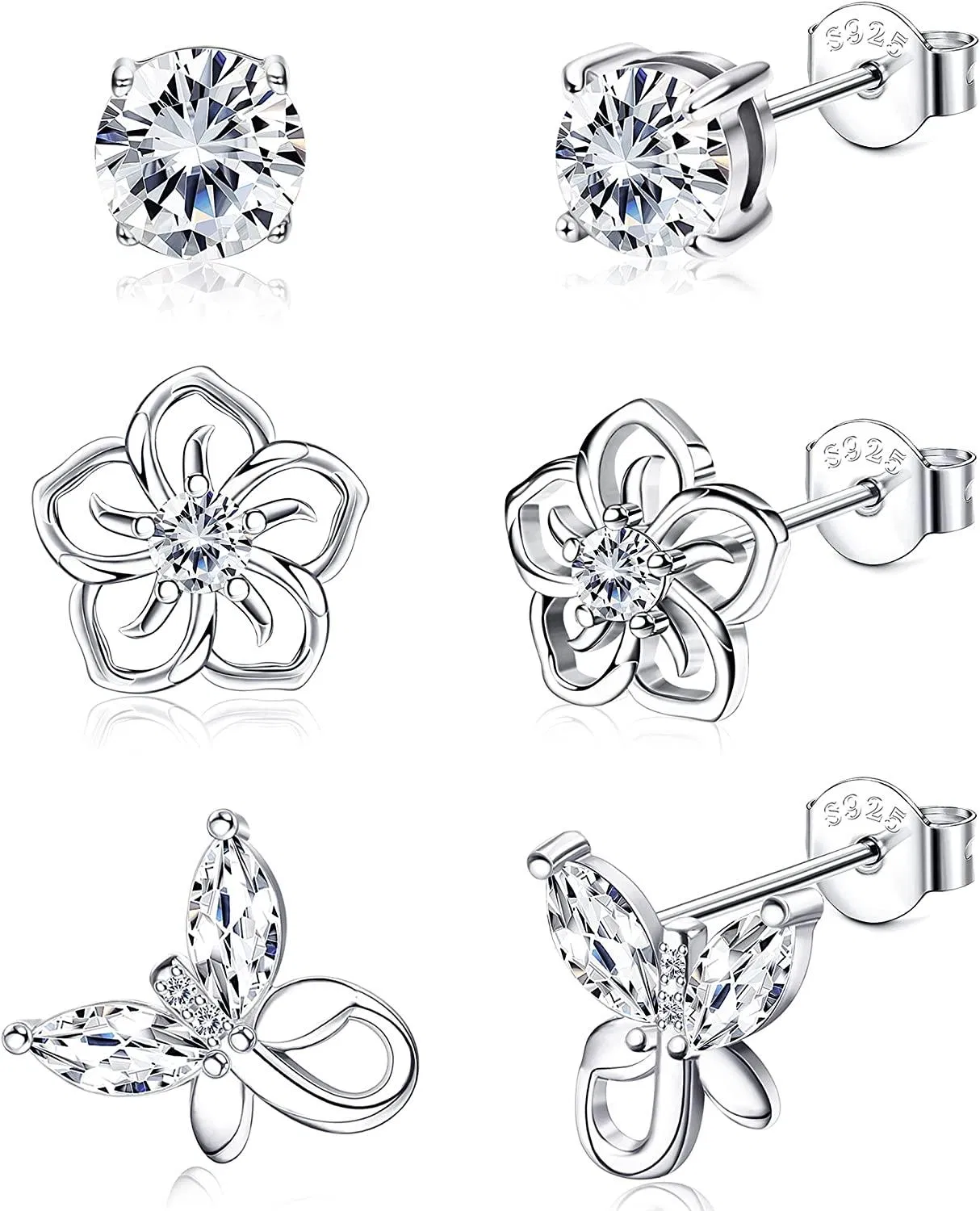 3Pairs Birthstone Earrings 12 Months for Women Hypoallergenic Butterfly Flower Stud Earrings for Birthday Gift - Grocery