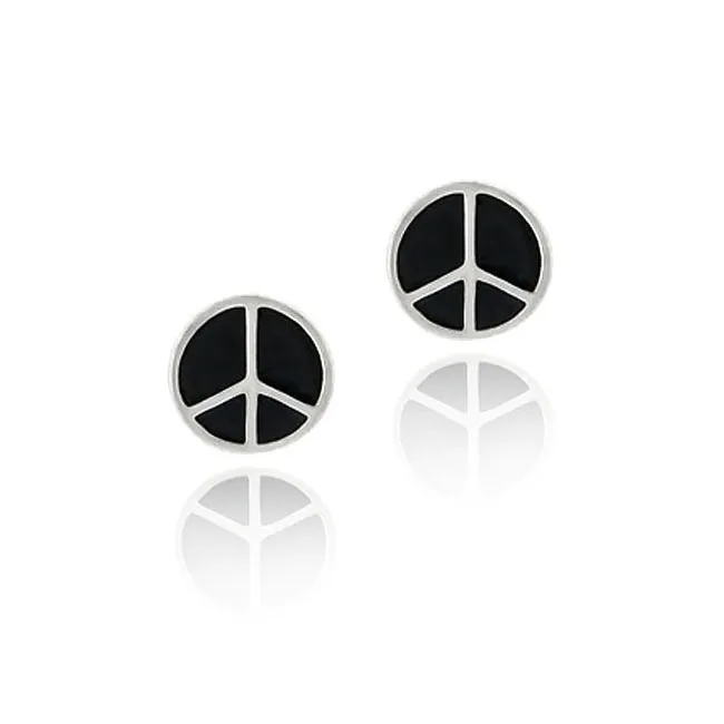 Sterling Silver Black Enamel Peace Sign Symbol Earrings - Grocery