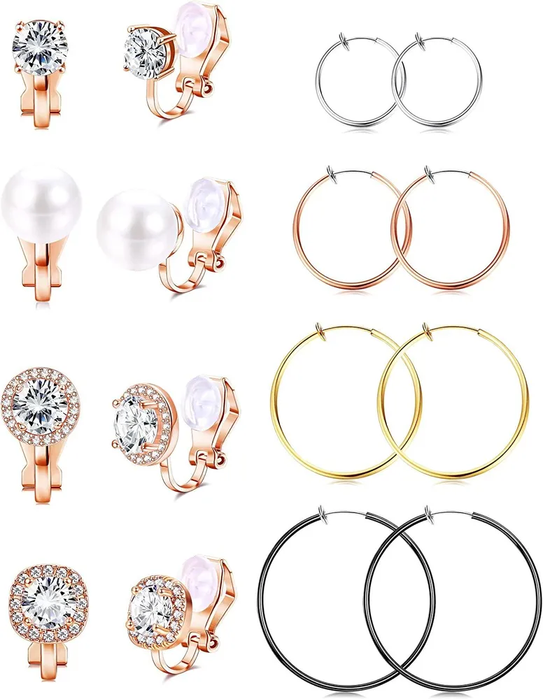 Women's Cubic Zirconia Pearl Clip On Earrings Non Piercing Big Spring Hoop Earrings Sparked Fake Stud Earring for Non-pierced Ears - Grocery