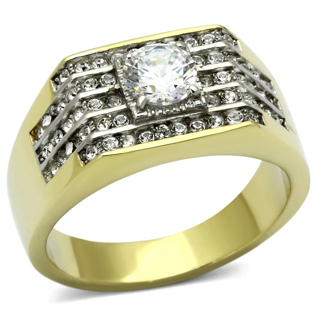 TK737 - Two-Tone IP Gold (Ion Plating) Stainless Steel Ring with AAA Grade CZ in Clear - Grocery