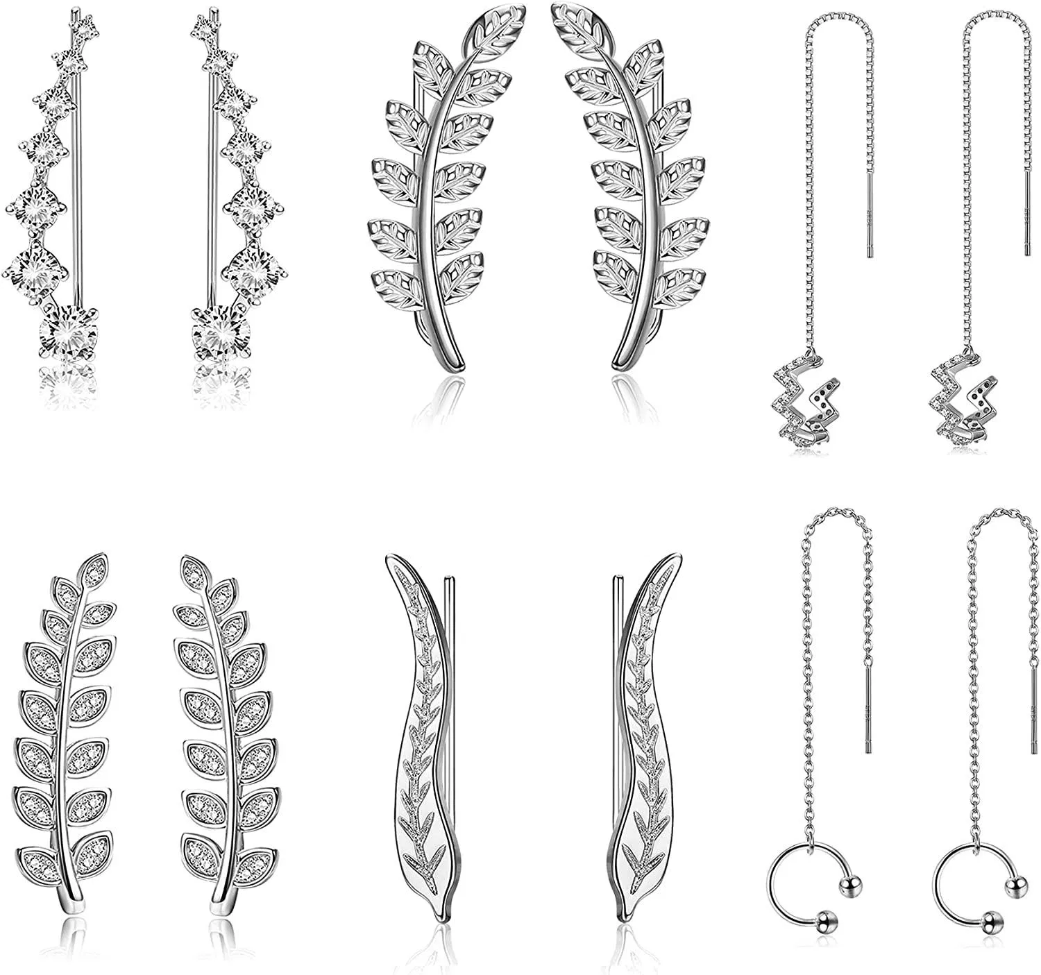 6 Pairs Ear Cuff Climber Hoop Stud Earring CZ Leaf Curved Crawler Ear Jackets Wave Cuff Wrap Tassel Threader Chain Earring Set for Women - Grocery