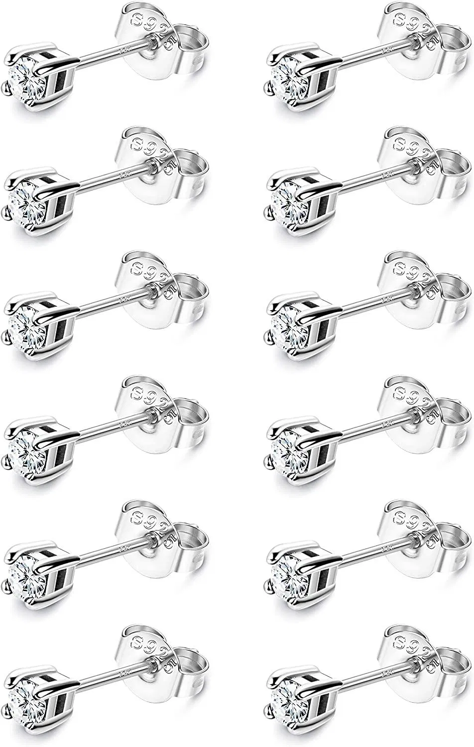 6 Pairs 925 Sterling Silver Tiny CZ Stud Earrings Set For Womens Small 3mm Cubic Zirconia Earrings - Grocery
