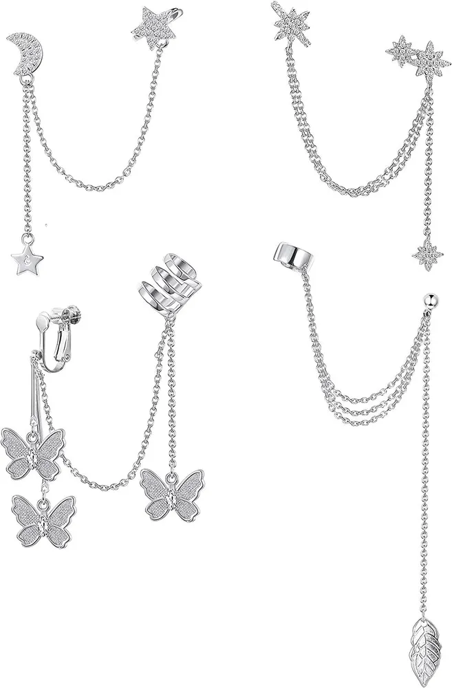 4Pcs Moon Star Cuff Earring Chain for Women Leaf Ear Studs Butterfly Wrap Clip on Earring Crawler Dangling Chain Earrings - Grocery
