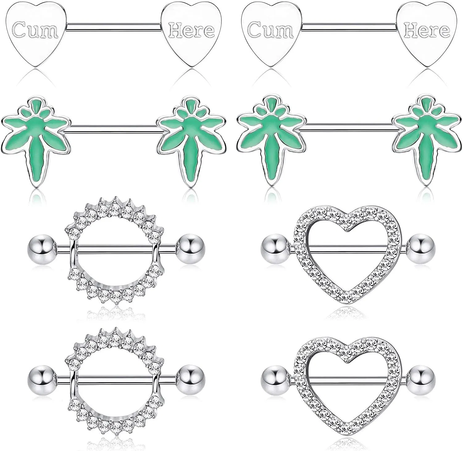 4Pairs 14G Nipple Rings 316L Surgical Steel Heart CZ Tongue Barbell Body Piercing Shield Ring Set - Grocery