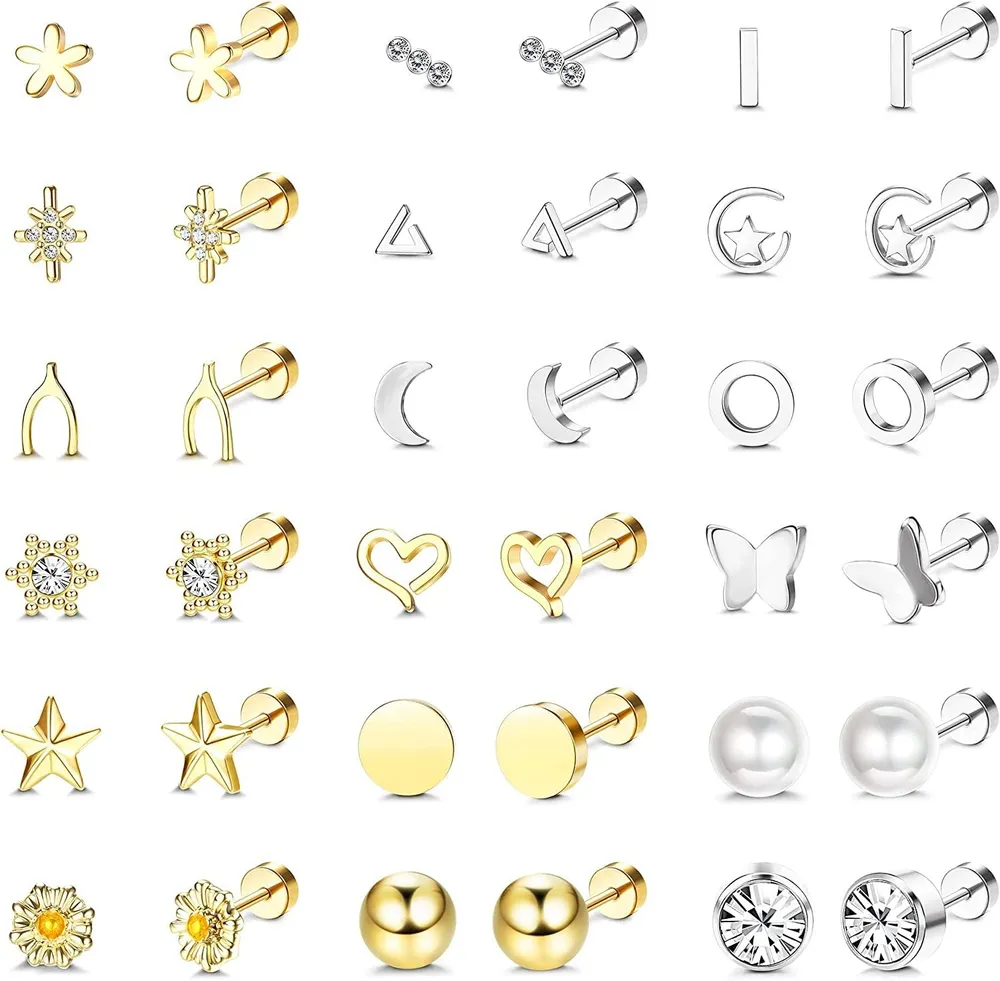 18 Pairs 20G Cartilage Stud Earrings for Women Stainless Tiny Stud Earrings Heart Star Moon flower Hypoallergenic Flatback Earrings Set - Grocery