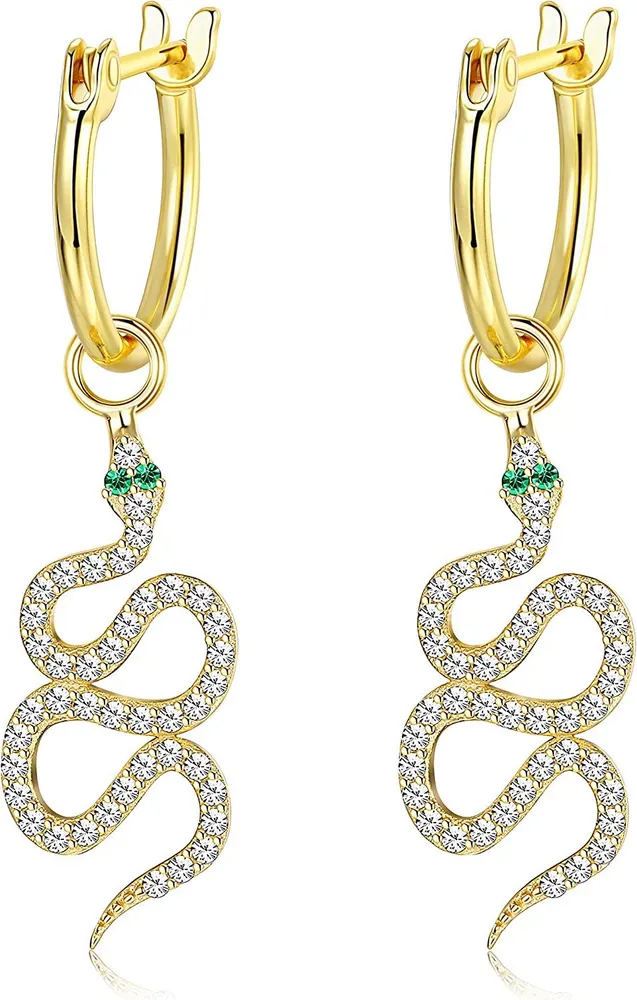 925 Sterling Snake Dangle Earrings Click-Top Small Hoops Cuff w/Detachable 14K Gold Plated Cubic Zirconia Dangle Snake Earrings for Women - Grocery