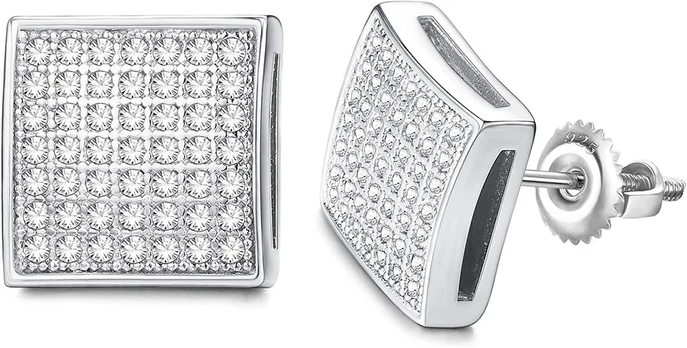 14K Gold Plated Iced Out Large Square Stud Earrings with 925 Sterling Silver Screw Back for Men Women Cubic Zirconia Hip Hop Jewelry - Grocery