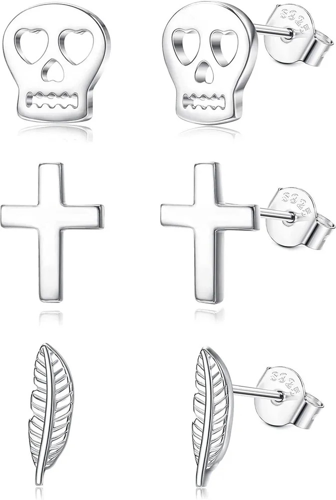 3 Pairs Cute Sterling Silver Stud Earrings For Women Men Hypoallergenic 14K Gold Plated Butterfly Star Cross Heart Leaf Elephant Stud Earrings Set - Grocery
