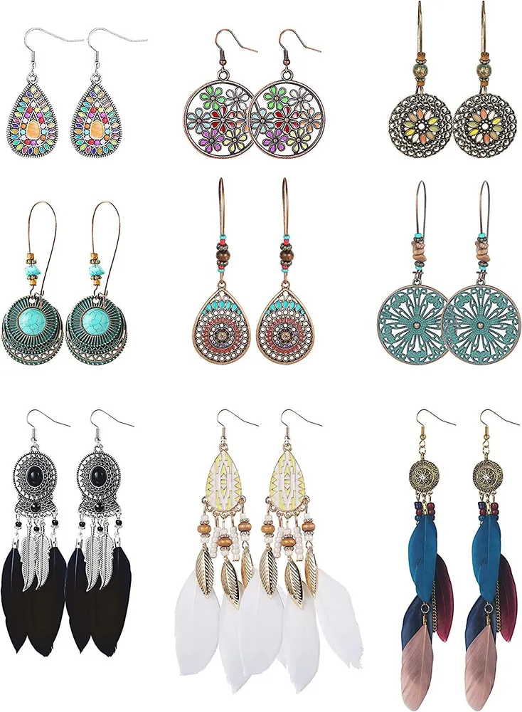 Bohemian Vintage Statement Earrings For Women National Style Hollow Water Drop Leaf Shaped Dangle Earrings Tassel Feather Earrings 9Pairs - Grocery