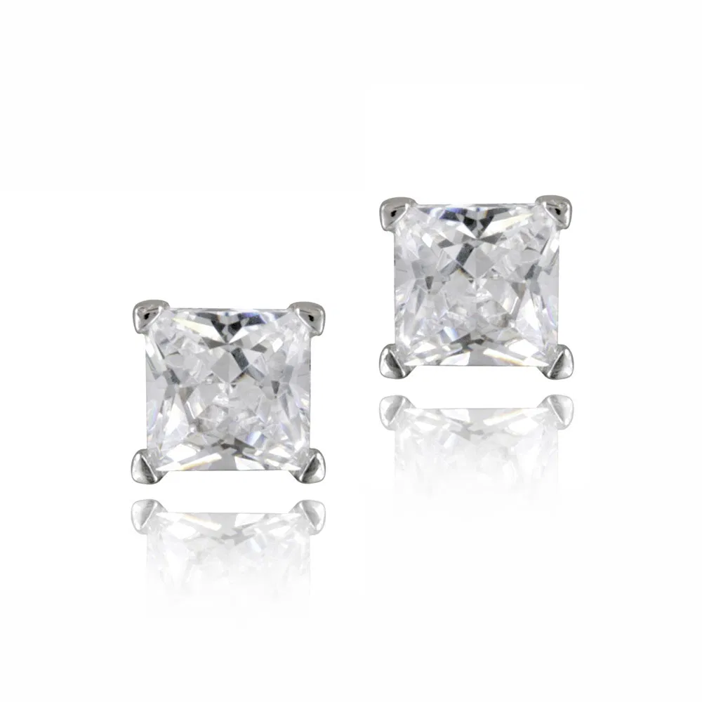 Silver Tone 3/4ct CZ Square Stud Earrings, 4mm - Grocery