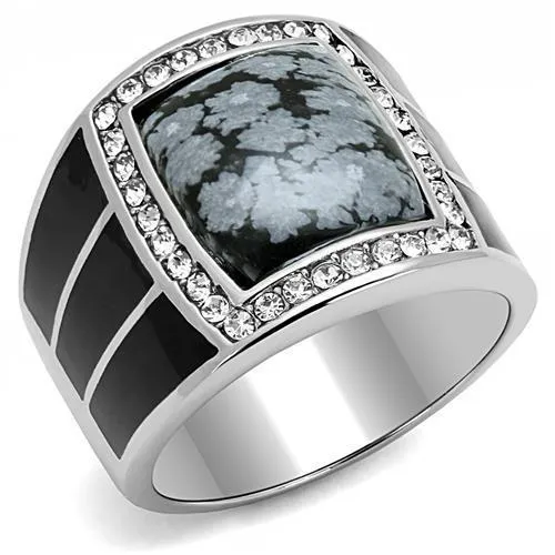 TK3042 - High polished (no plating) Stainless Steel Ring with Semi-Precious Snowflake Obsidian in Jet - Grocery