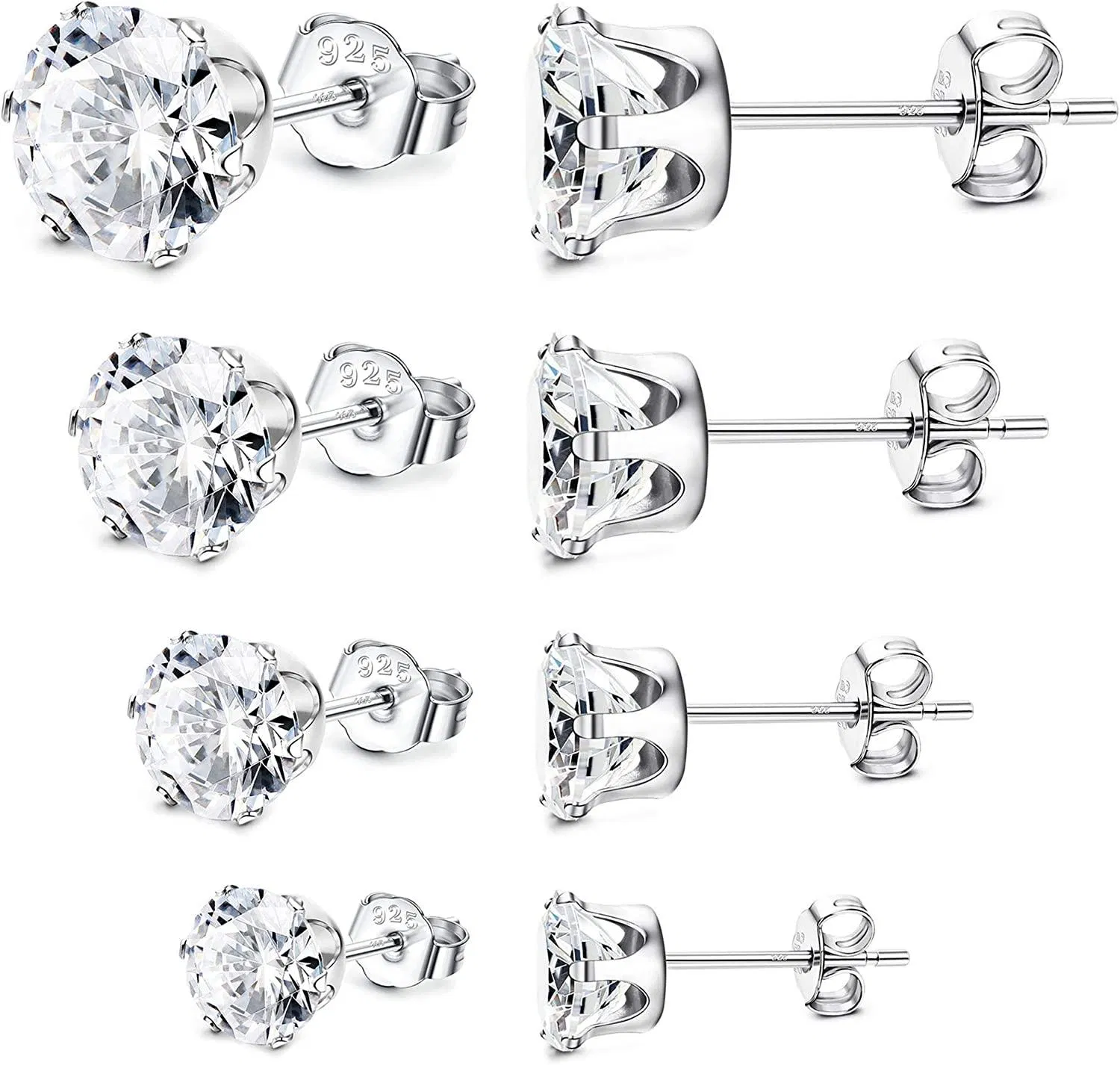 4Pairs 18K Gold Plated Sterling Silver CZ Stud Earrings Set 6 Prongs Round Cut Simulated Diamond for Women Men - Grocery
