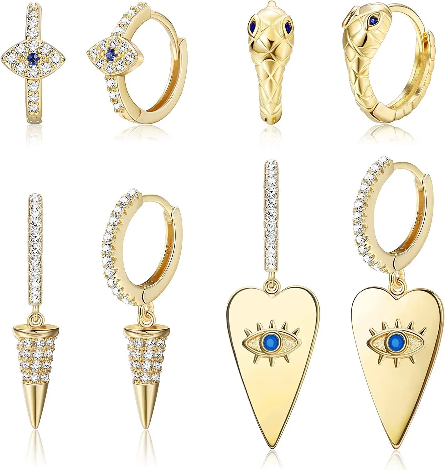 4 Pairs Evil Eye Snake Heart Earrings Geometric Triangle Cone Huggie Hoop Earrings for Women Cubic Zirconia Dainty Dangle Hoop Earrings Gifts for Her - Grocery