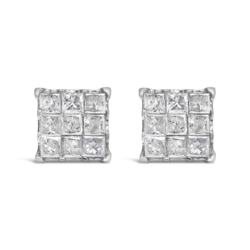 10K White Gold 1/2 Cttw Invisible Princess-cut Diamond 9 Stone Composite Stud Earrings (I-J Color, I3 Clarity) - Grocery