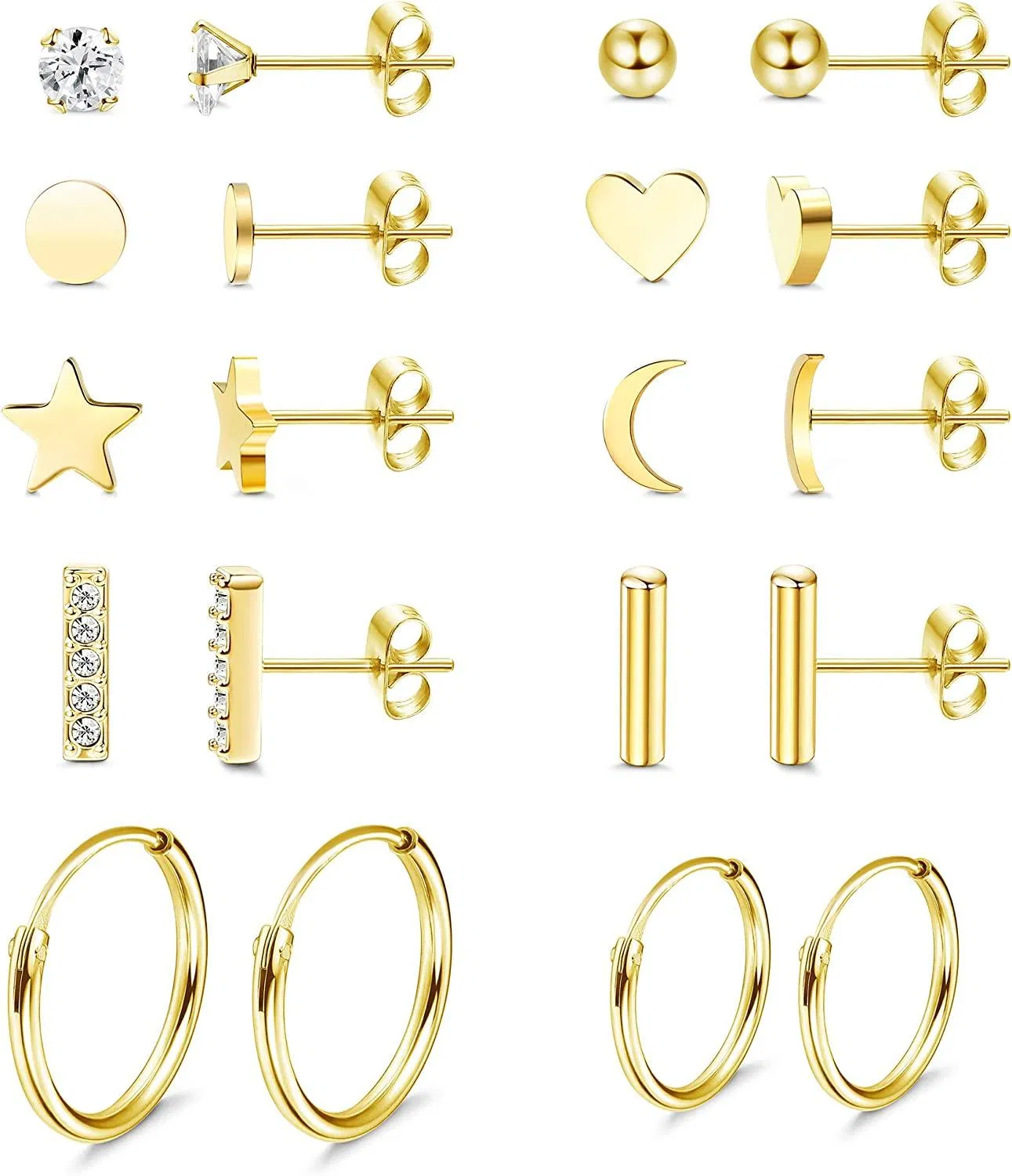 10Pairs Stainless Earrings Stud for Women Men Bar Ball Moon and Star Earrings CZ Stud Small Hoop Earrings for Sensitive Ear - Grocery