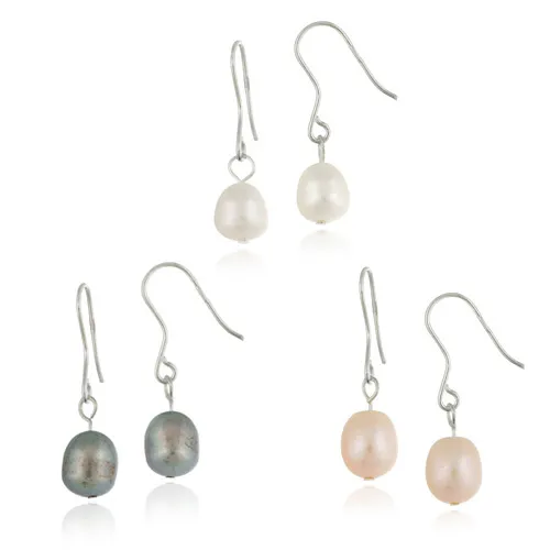Sterling Silver Baroque Freshwater Cultured Pearl White, Peach, Grey, 3 Set Earrings - Grocery