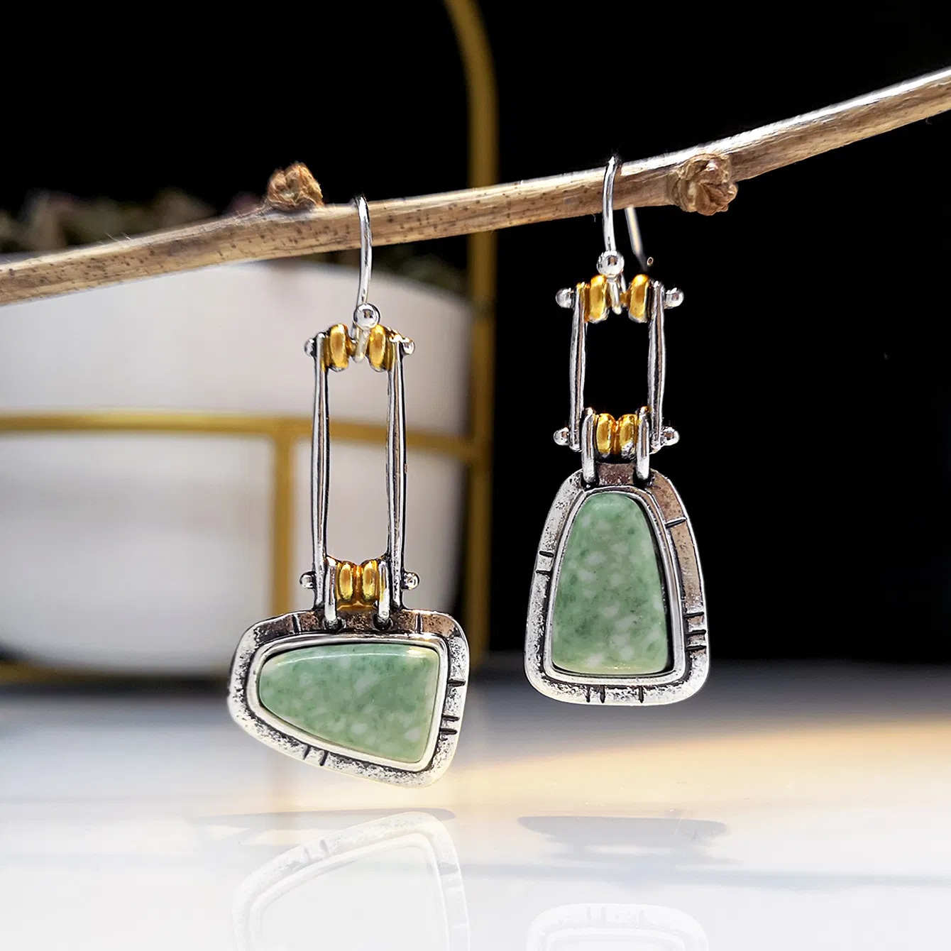 Chic Women Natural Gemstone Turquoise Stud Hook Dangle Earring Zircon Inlaid - Grocery