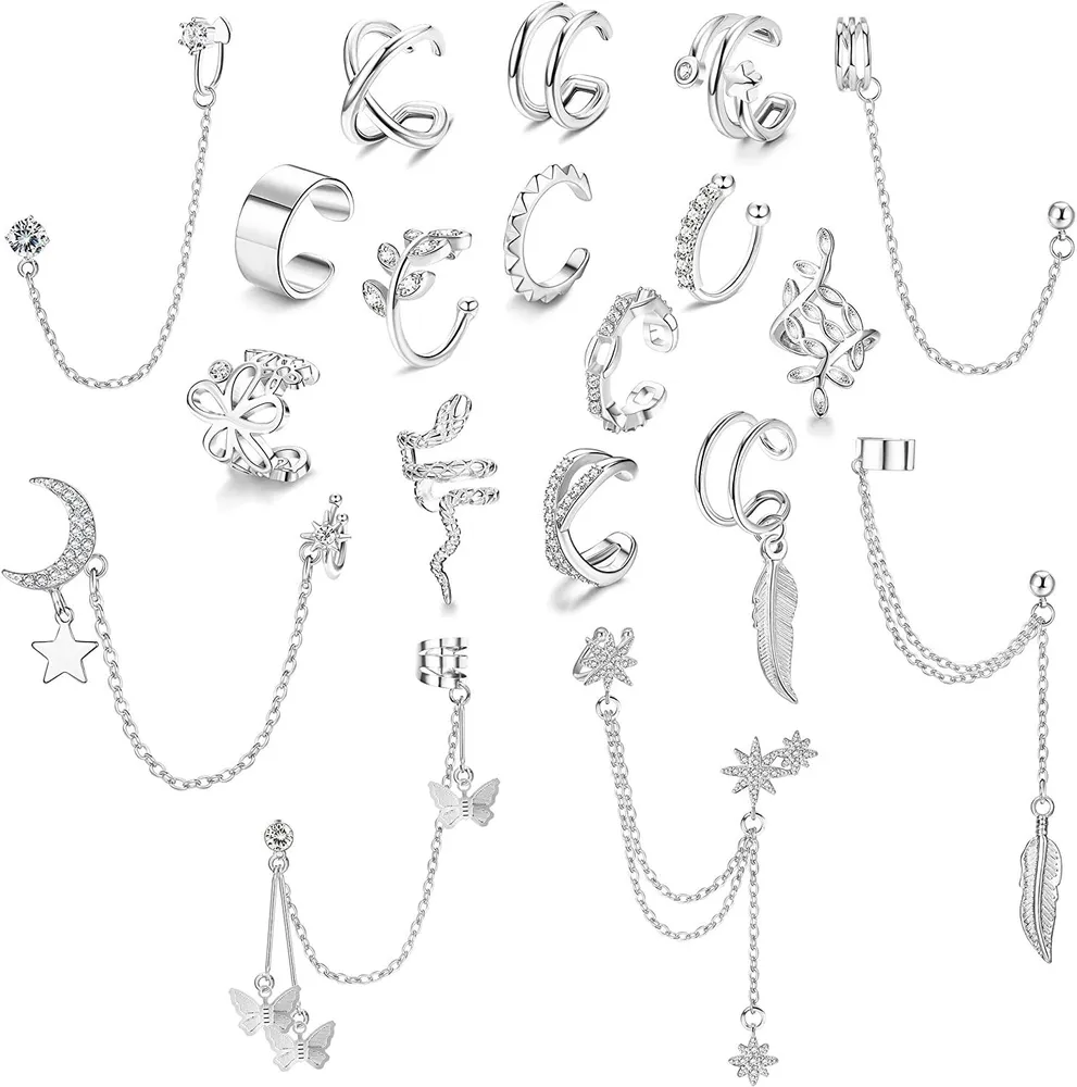 19Pcs Ear Cuffs Earrings Set for Women Non-Piercing Helix Cartilage Clip On Cuff Earrings Piercing Cuff Chain Earrings Jewelry - Grocery