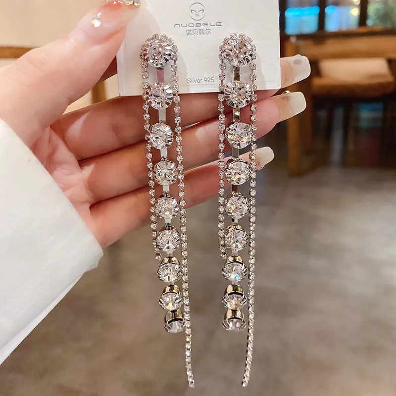 Full Diamond Long Fringe Earrings European And American Fashion Cool High-profile Earrings - Grocery