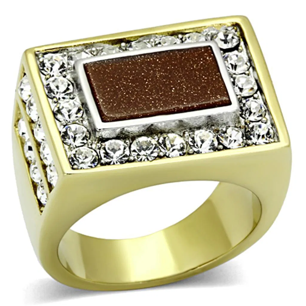TK1194 - Two-Tone IP Gold (Ion Plating) Stainless Steel Ring with Synthetic Twinkling in Topaz - Grocery