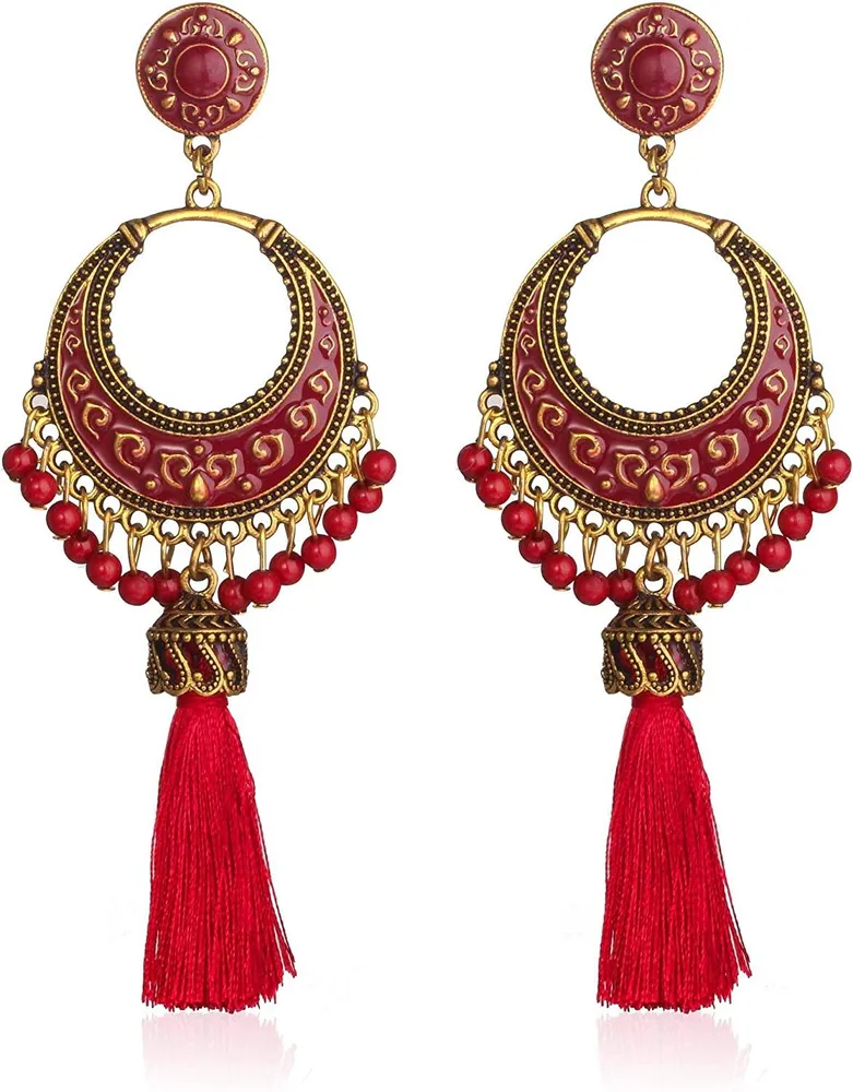 Colorful Tassel Earrings for Women Large Bohemian Dangle Earrings Vintage Fashion Bead Drop Dangle Earrings Valentine Birthday Gift - Grocery