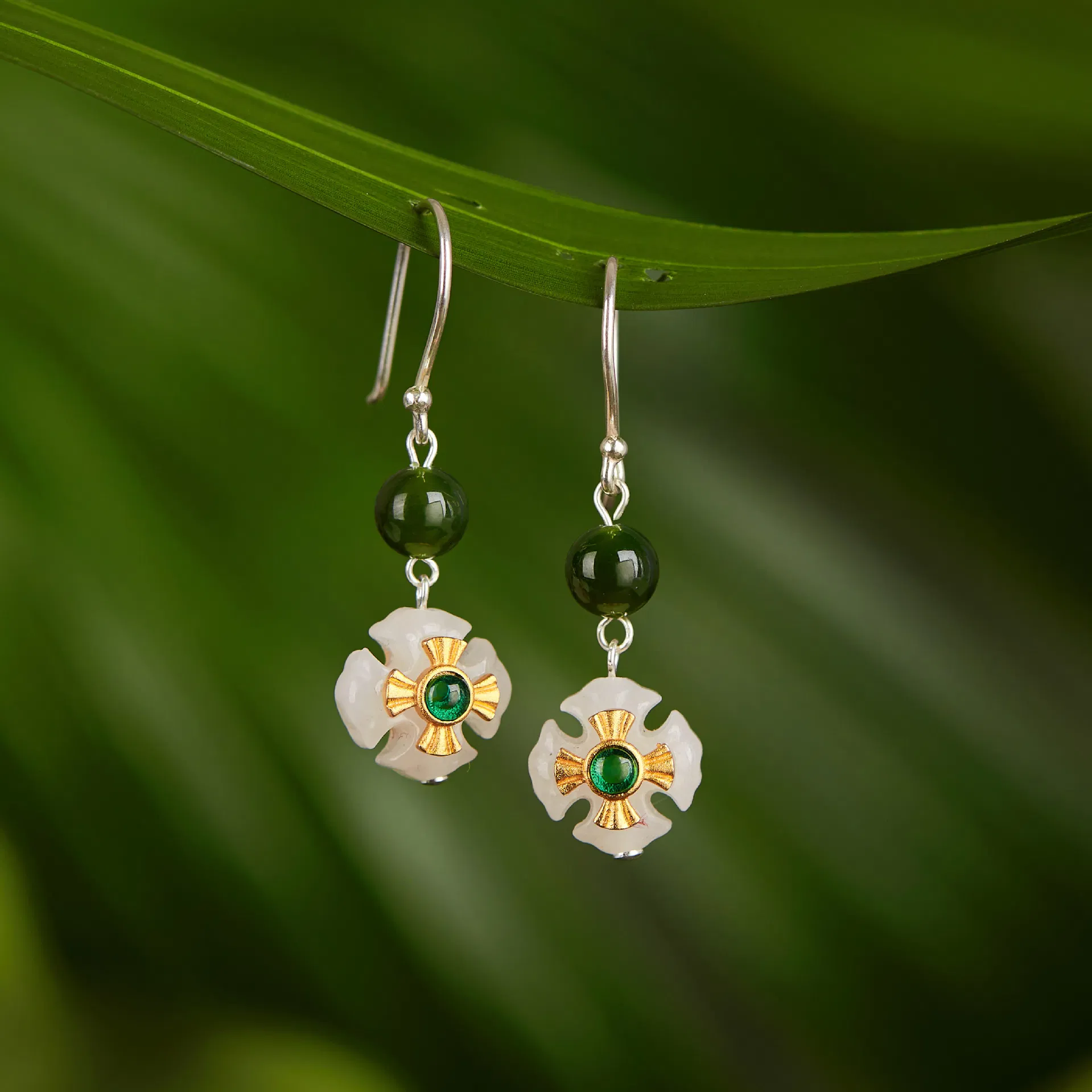 S925 Silver Chinese Style Earrings Classical Petal Stitching Jasper Bead Accessories - Grocery