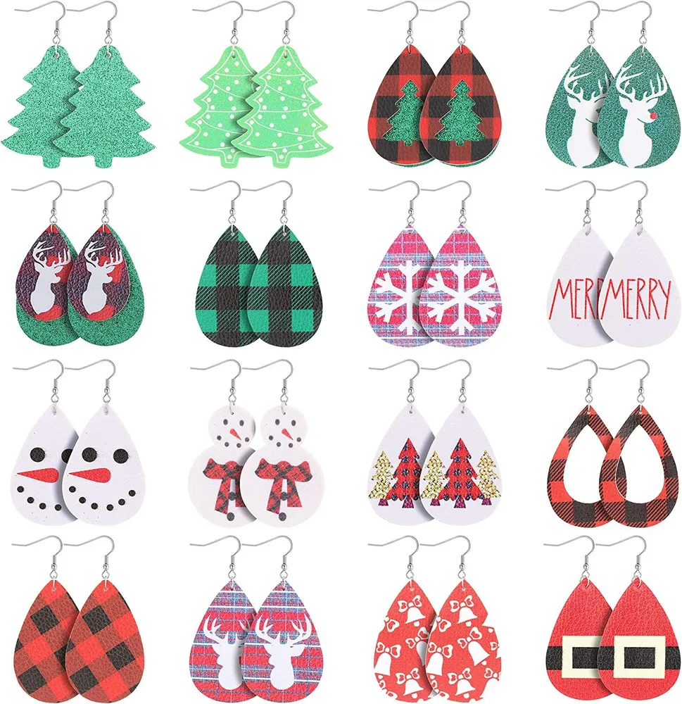 16 Pairs Christmas Xmas Earrings for Women Faux Leather Earrings Set Teardrop Drop Dangle Earrings Lightweight Holiday Gift - Grocery
