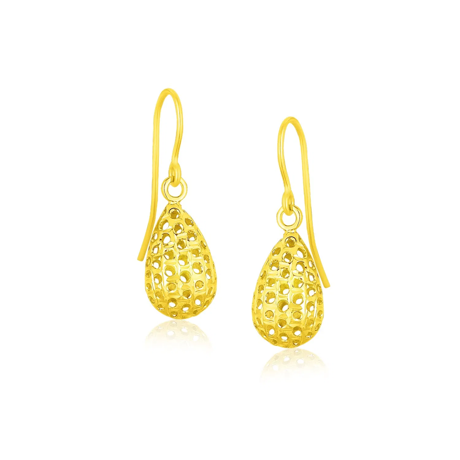 14k Yellow Gold Teardrop Drop Earrings with Honeycomb Texture - Grocery