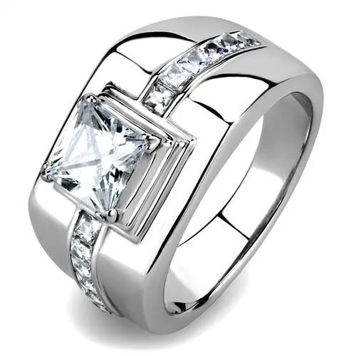 TK3011 - High polished (no plating) Stainless Steel Ring with AAA Grade CZ in Clear - Grocery