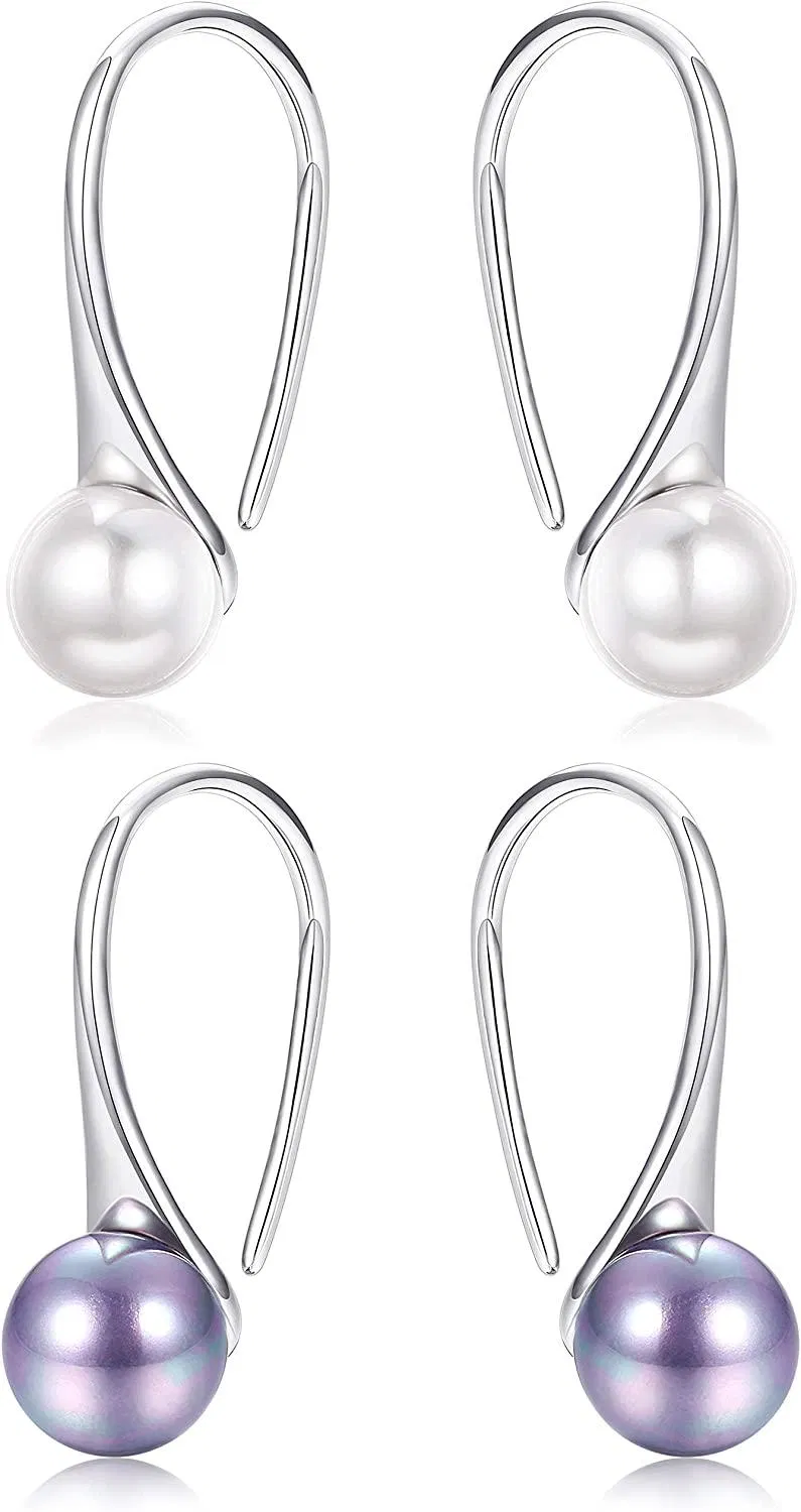 2 Pairs 925 Sterling Silver Freshwater Pearl Earrings Fine For Women 8.5mm Nature Pearl Dangle Drop Earring Hooks Piercing - Grocery