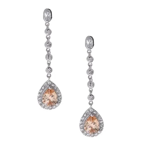 Sterling Silver Champagne & White CZ Teardrop Dangle Earrings - Grocery