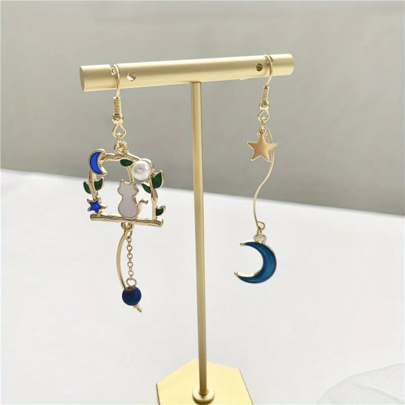 Kitten Moon Star Leaf Asymmetrical Long Double Tassel Earrings Ear Hook Earrings - Grocery