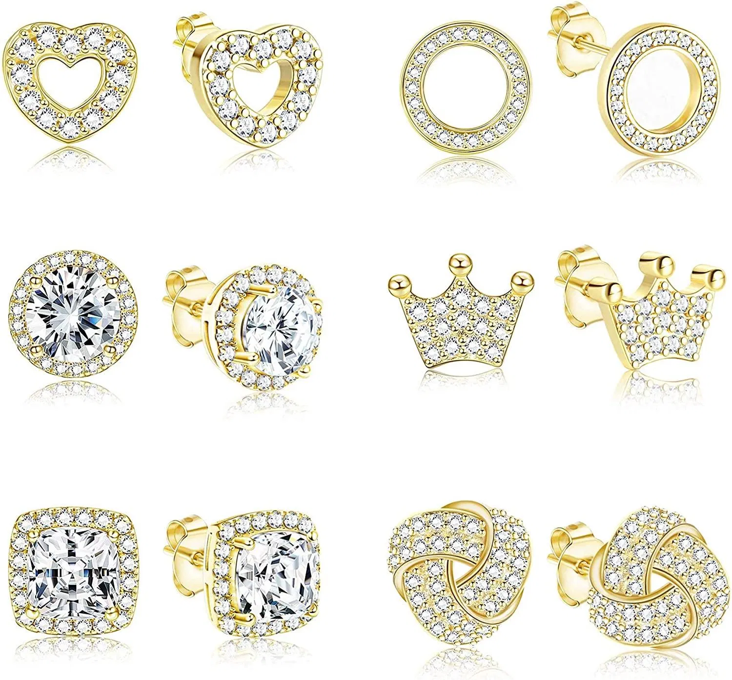 6 Pairs Halo Stud Earrings For Women 18K White Gold Plated Round Square Knot Crown Love Circle Cubic Zirconia Brillant Cut Earrings - Grocery