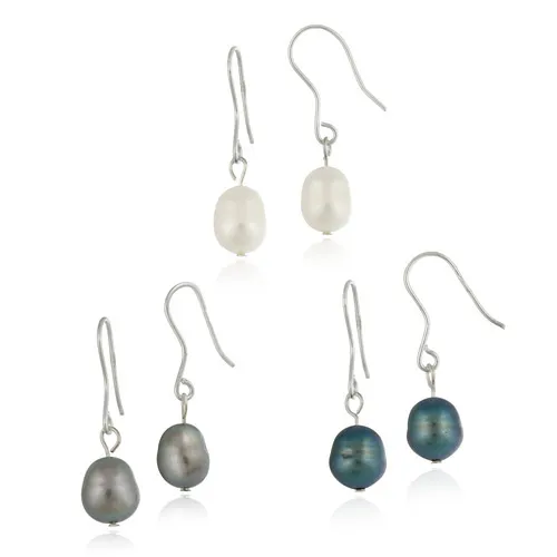 Sterling Silver Freshwater Cultured Baroque Pearl White, Gray, Peacock 3 Earrings Set - Grocery