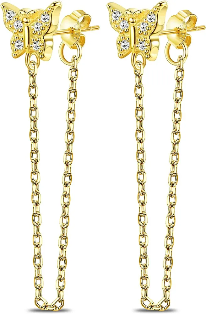 925 Sterling Silver Butterfly Chain Stud Earrings for Women 14K Gold Plated Drop Chain Dangle Earrings Hypoallergenic Jewelry - Grocery