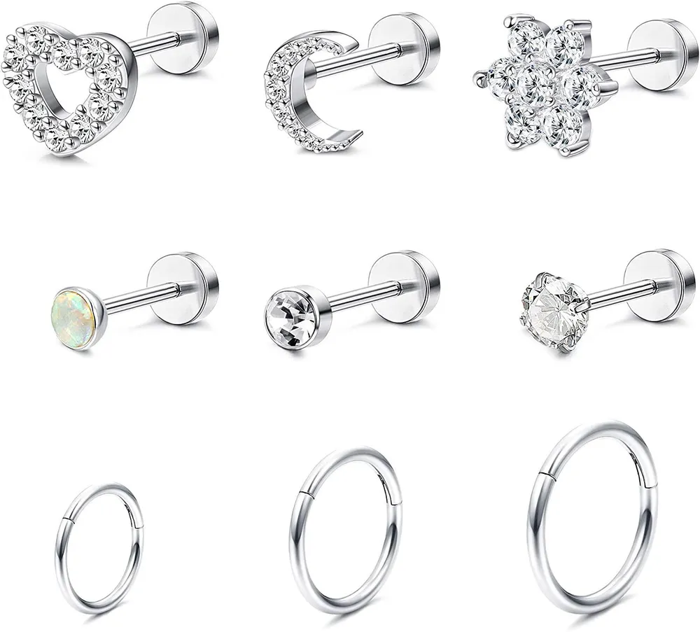 9Pcs Stainless Helix Cartilage Tragus Stud Earring Hoops for Women Grils CZ Barbell Piercing Earrings Stud Piercing - Grocery