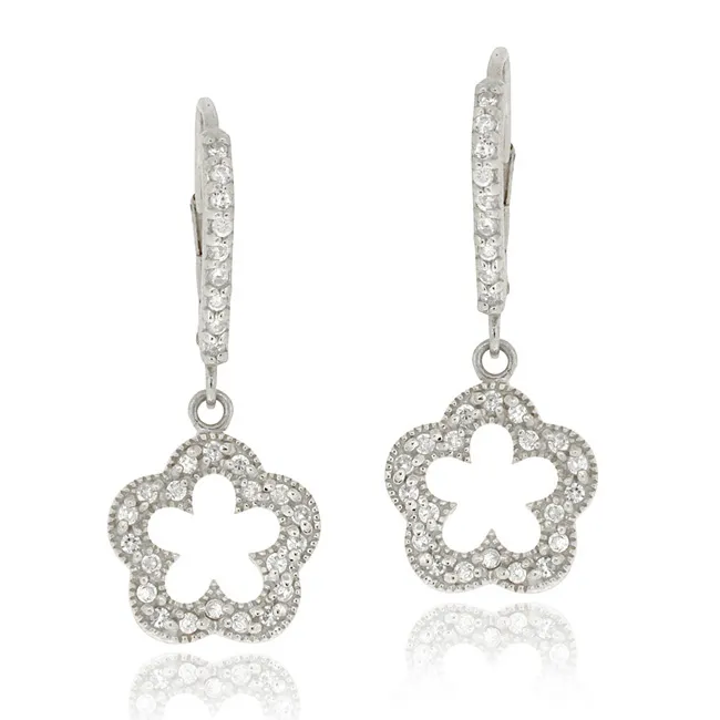 Sterling Silver CZ Open Flower Dangle Leverback Earrings - Grocery