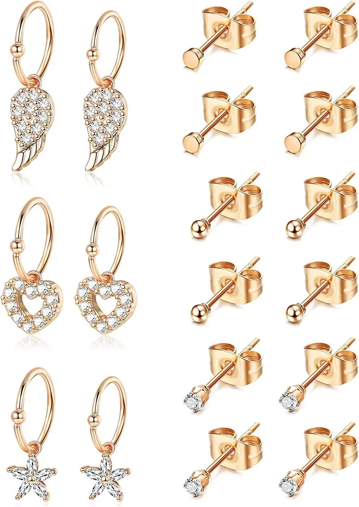 18Pcs 16-20G Feather Heart Flower Hoop Cartilage Earring for Women Men 316L Stainless Tiny CZ Ball Stud Earrings - Grocery
