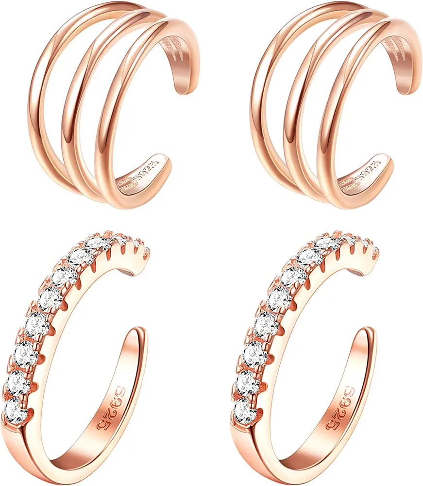 2 Pairs S925 Sterling Silver Earring Cuff Small Hoop Earrings for Womens CZ Pave Earrings Three Band Wrap Non Piercing Earrings Set - Grocery