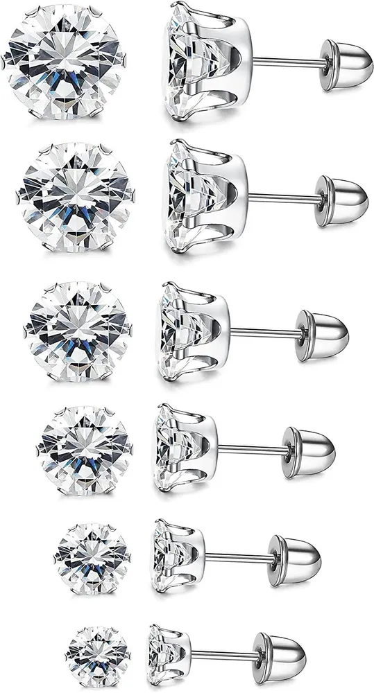 6 Pairs Stainless Heart Stud Cubic Zirconia Barbell Cartilage Tragus Helix Stud Earring 3-8MM - Grocery