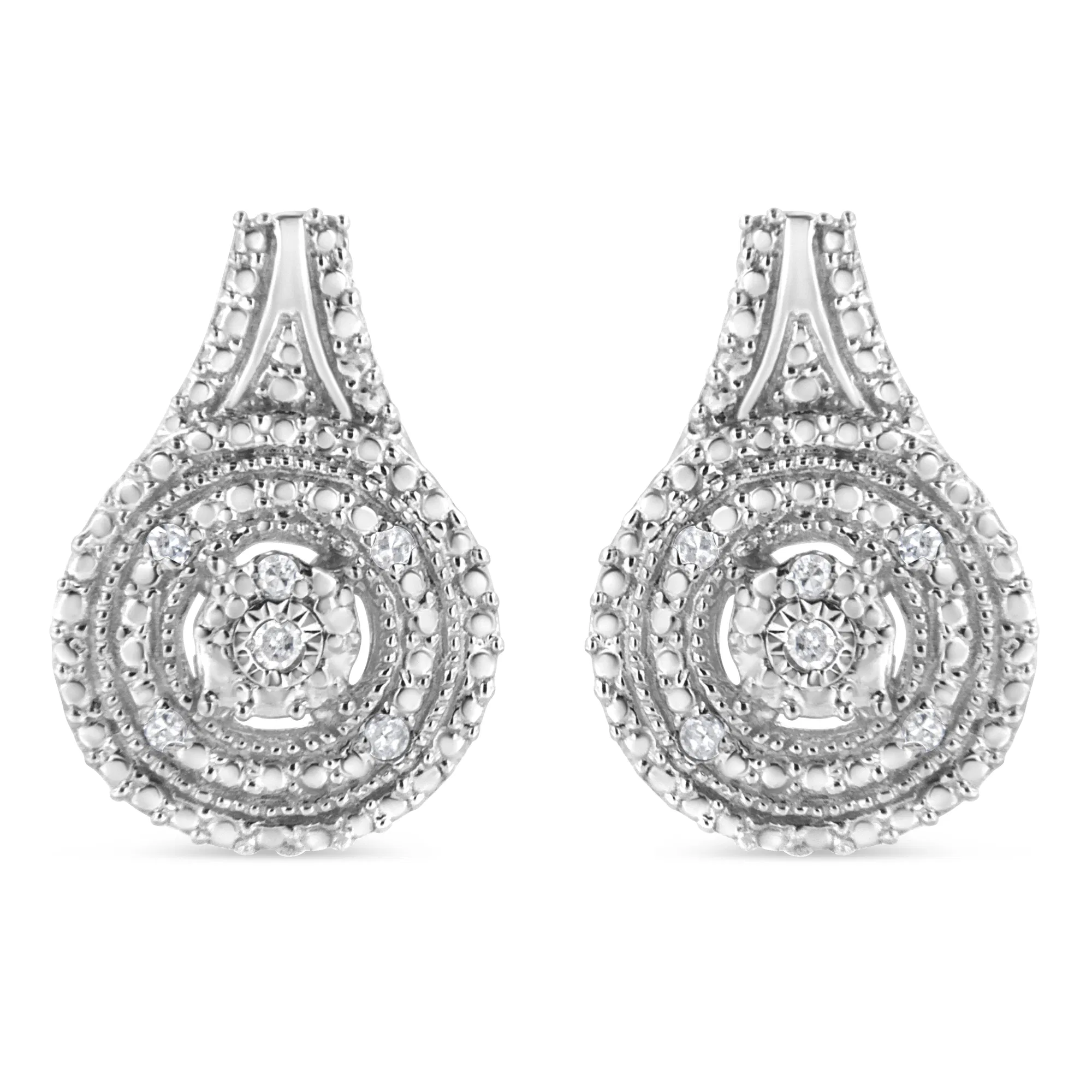 .925 Sterling Silver Miracle Set Diamond Accent and Beaded Halo Dangle Earrings (I-J Color, I2-I3 Clarity) - Grocery