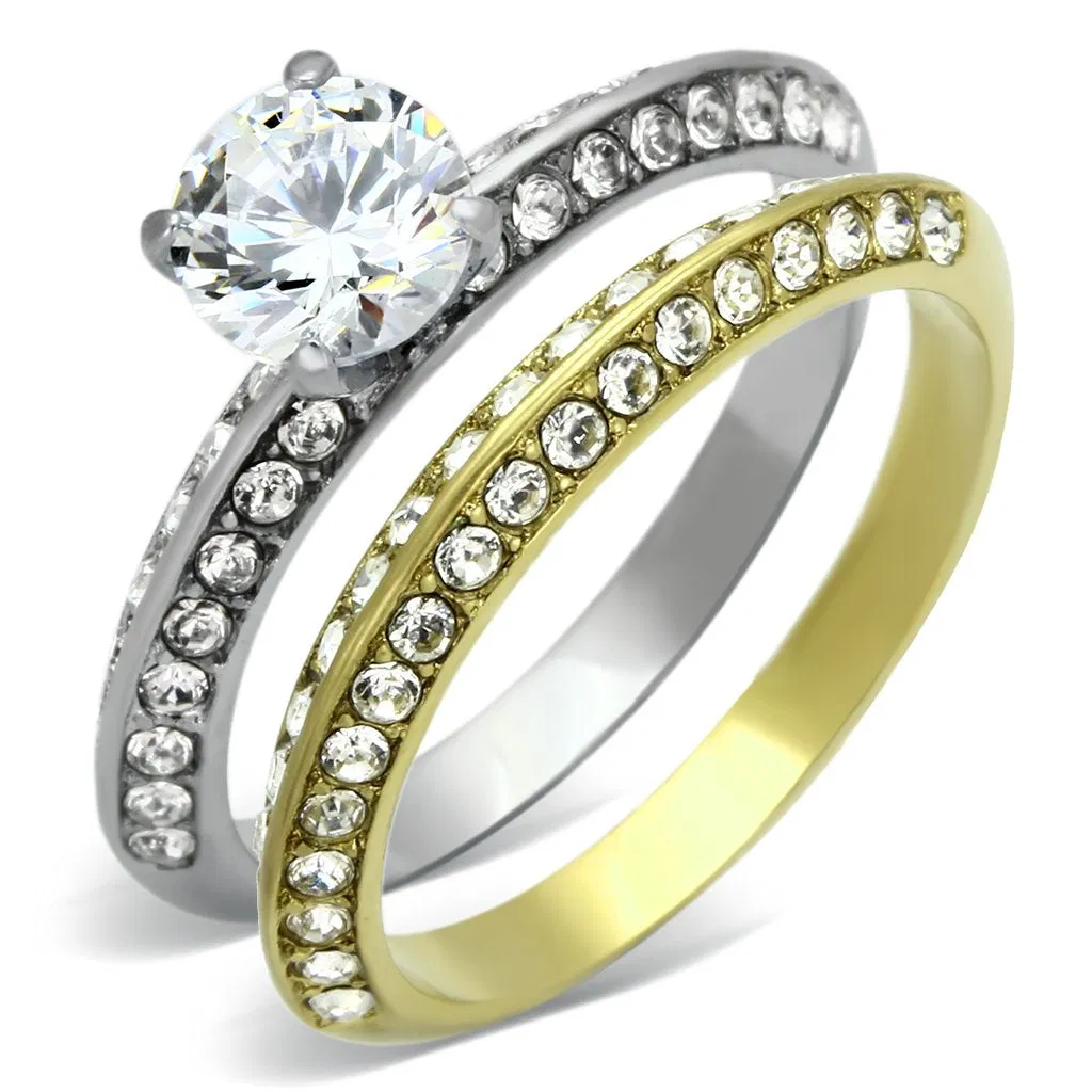 TK967 - Two-Tone IP Gold (Ion Plating) Stainless Steel Ring with AAA Grade CZ in Clear - Grocery