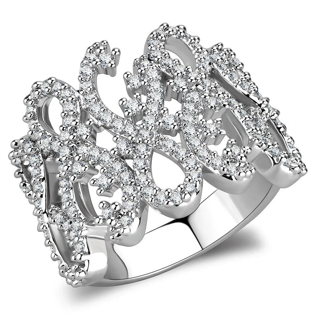 3W1443 - Rhodium Brass Ring with AAA Grade CZ in Clear - Grocery