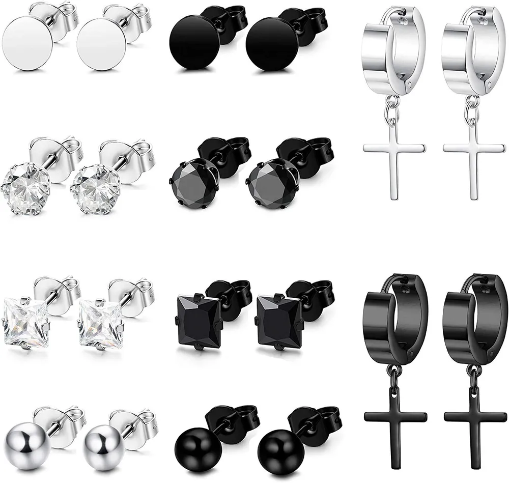 10 Pairs Stainless Stud Earrings for Men Women Huggie Cross Earrings Classic Zircon Ear Piercing Screw Studs Earrings Set - Grocery