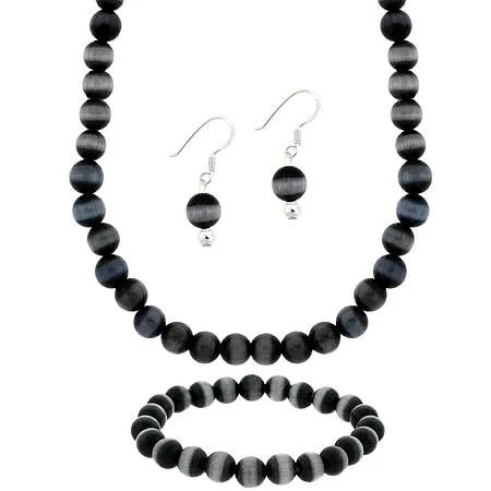 Sterling Silver 8mm Black Glass Cats Eye Stone Bead Beaded Dangle Hook Earrings Stretch Bracelet Necklace 15-19