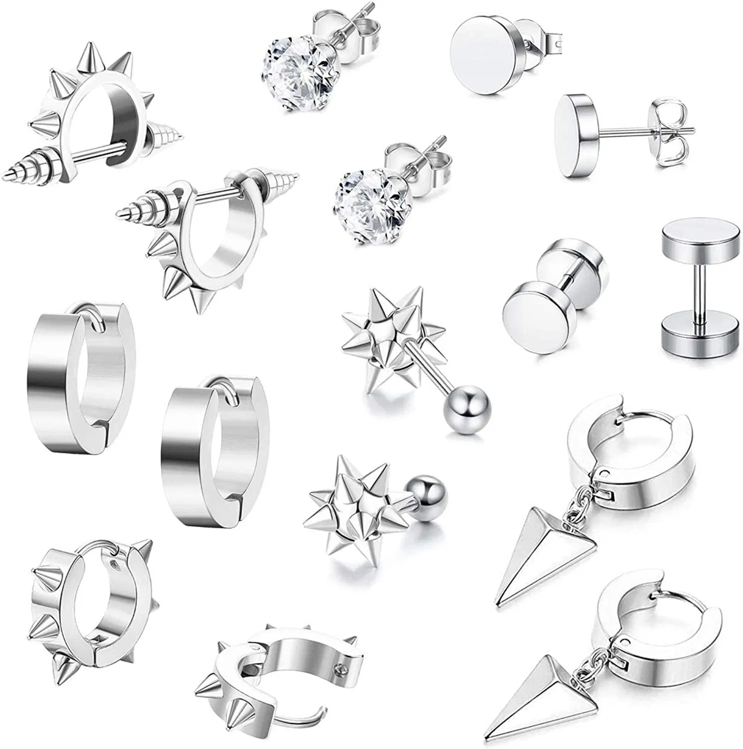 8 Pairs Stainless Stud Punk Earrings for Women Men CZ Huggie Earring Triangle Dangle Small Hoop Earrings Set - Grocery